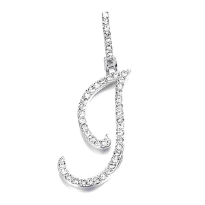 Silver cursive letter J pendant necklace with sparkling micro-pave cubic zirconia crystals