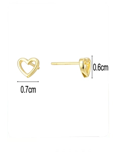 Detailed view of hollow heart stud earrings in gold with dimensions 0.7cm by 0.6cm