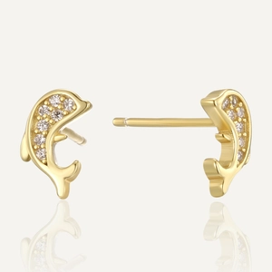 Asymmetric gold dolphin stud earrings set with sparkling white zircon stones