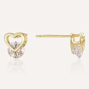 Elegant gold heart earrings with sparkling round zirconia set in S925 silver