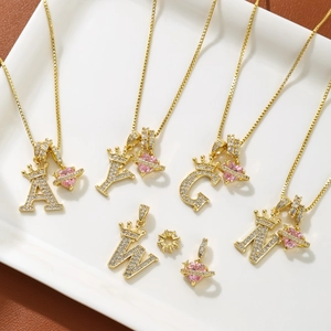 Crown 26 English Letters Pendant Necklace For Women Gold Silver Plated Copper Rhinestone Heart Planet Box Chain Initial Necklace
