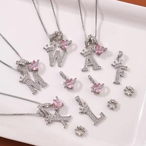 18k gold plated crown alphabet necklace with heart planet charms and zircon stones