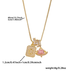 Golden box chain necklace with zircon rectangular letter C pendant and pink heart planet charm