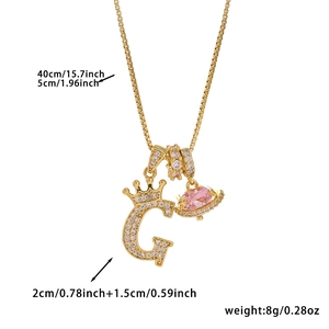 Detailed size specifications for crown initial G necklace with pink heart gem and dimensions