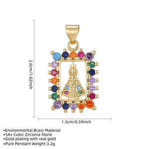 Gold plated Virgin Mary pendant with colorful cubic zirconia and dimensions measurement