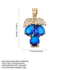 Blue zircon grape pendant necklace with micro-paved cubic zirconia leaves and dimensions