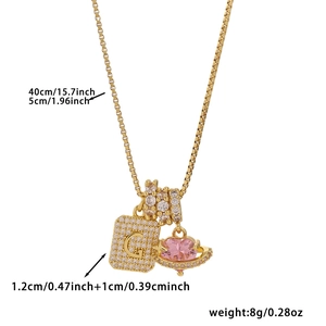 Gold letter G necklace with zircon square pendant and pink heart charm dimensions