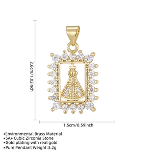 Gold plated Virgin Mary rectangular pendant necklace with 5A+ cubic zirconia stones
