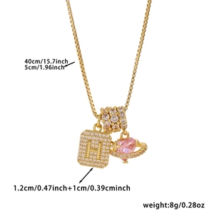 Gold letter H square pendant necklace with pink heart planet charm and zircon accents