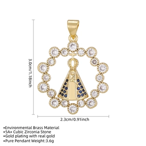 Gold-plated Virgin Mary pendant necklace with blue and white cubic zirconia stones