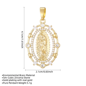 Ciondolo ovale Madonna in ottone placcato oro con pietre di zirconia cubica 5A