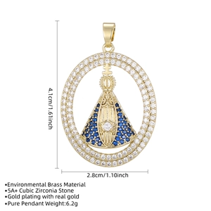 Gold-plated Virgin Mary pendant necklace with cubic zirconia, size 4.1cm x 2.8cm