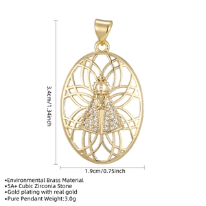 Gold plated Virgin Mary necklace pendant with 5A+ cubic zirconia in hollow oval design
