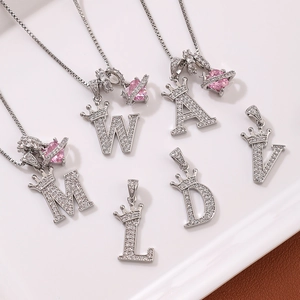 18k gold plated crown initial necklace with cubic zirconia micro-paved letter pendants
