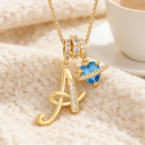 Copper Zirconia Planet Heart Blue Gemstone Letter Pendant Necklace Gold Silver Plated Jewelry For Women Daily Party Decor