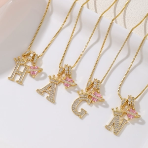 Gold plated 18k crown letter necklace with pink heart planet pendant and white zircon