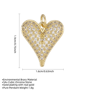 18K gold-plated heart pendant with micro-paved 5A cubic zirconia and size dimensions