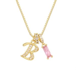 Collar chapado en oro 18K con colgante letra B de circón y gema rosa rectangular