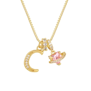 Collar bañado en oro de 18K con letra C de circón y colgantes de planeta corazón rosa