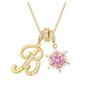 18K gold plated necklace with zircon letter B pendant and pink sunflower charm
