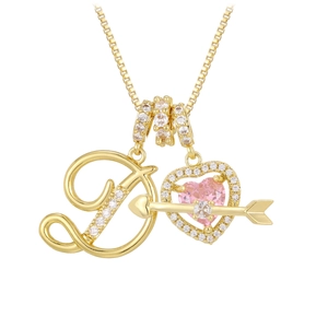Luxurious gold necklace with sparkling letter D and pink heart arrow pendant for women