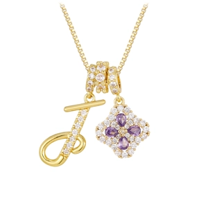 18K gold plated necklace with micro-paved letter T and purple zircon floral pendant