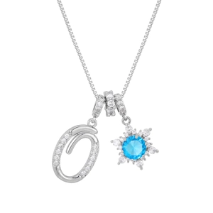 Detailed close-up of zircon-studded letter O and blue snowflake pendant necklace