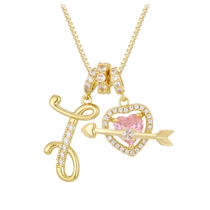 Detail of gold box chain with pink heart pendant and cubic zirconia letter J charm
