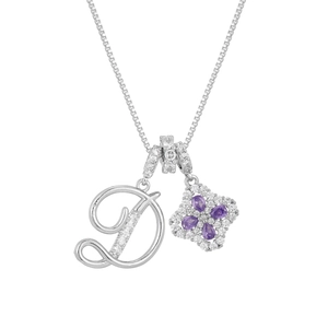 Detail of cursive letter D and purple pear-shaped flower pendant on a box chain