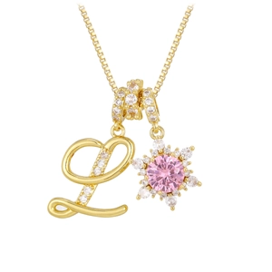 Golden box chain necklace with pink stone snowflake pendant and cursive letter L charm