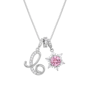 Close-up of silver letter L pendant with pavé zircons and a pink snowflake charm