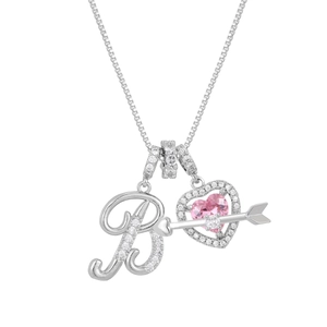 Detail of silver letter B pendant with pink heart gemstone and Cupid arrow on box chain