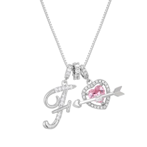 Detailed view of silver heart and arrow necklace with pink zircon and letter F pendant