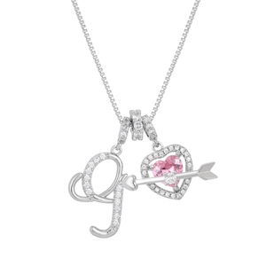 Detailed view of silver heart pendant with pink gem and Cupid arrow on a box chain
