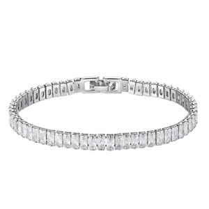 Classic silver tennis bracelet with baguette-cut cubic zirconia and fold-over clasp