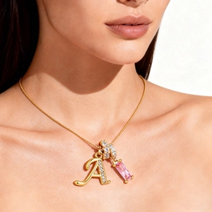 Collar Con Colgante de Letra Personalizada de Cobre Chapado en Oro 18K Circonia Rectangular Rosa Cadena Box Joyería Mujer