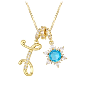 18K gold plated necklace set with letter T pendant and blue zircon sunflower charm