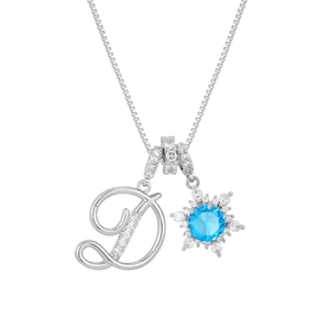 Detail of silver letter D and blue zircon snowflake pendant on a box chain