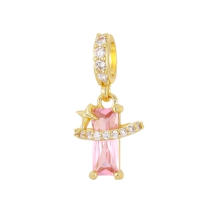 Minimalist gold plated planet necklace with a rectangular pink zircon pendant and stars
