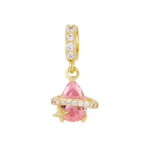 Gold-plated planet pendant with pink teardrop zircon and pavé crystals on white background