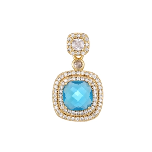 Lussuosa collana placcata in oro con grande gemma blu taglio cushion e halo di zirconi