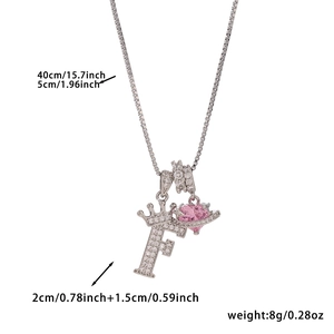 Detailed dimensions of silver crown letter F necklace with pink heart planet pendant