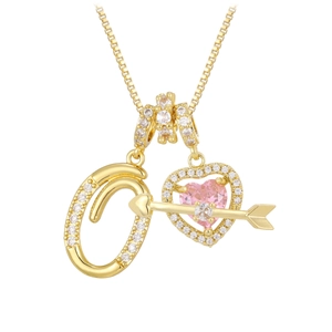 Gold plated heart and letter necklace set with pink crystal and cubic zirconia