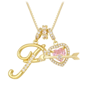 Detailed view of golden necklace with a zircon-set heart and letter J pendant