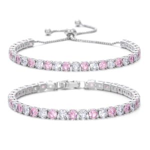 Bracciale tennis argento con zirconi rosa e bianchi in stili regolabili con chiusura a scatto