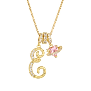 Detailed close-up of gold box chain with pink heart planet and crystal letter E pendant
