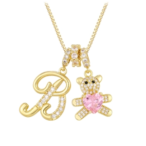 Golden box chain necklace with letter R pendant and diamond bear with pink heart jewel