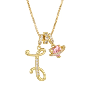 Gold-plated letter T necklace with pink heart planet pendant and sparkling crystals