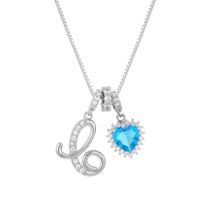 Blue heart pendant necklace with crystal letter L on a silver box chain for women