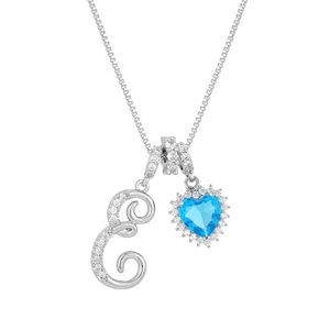 Detail of silver box chain necklace with crystal letter E and blue heart halo pendant